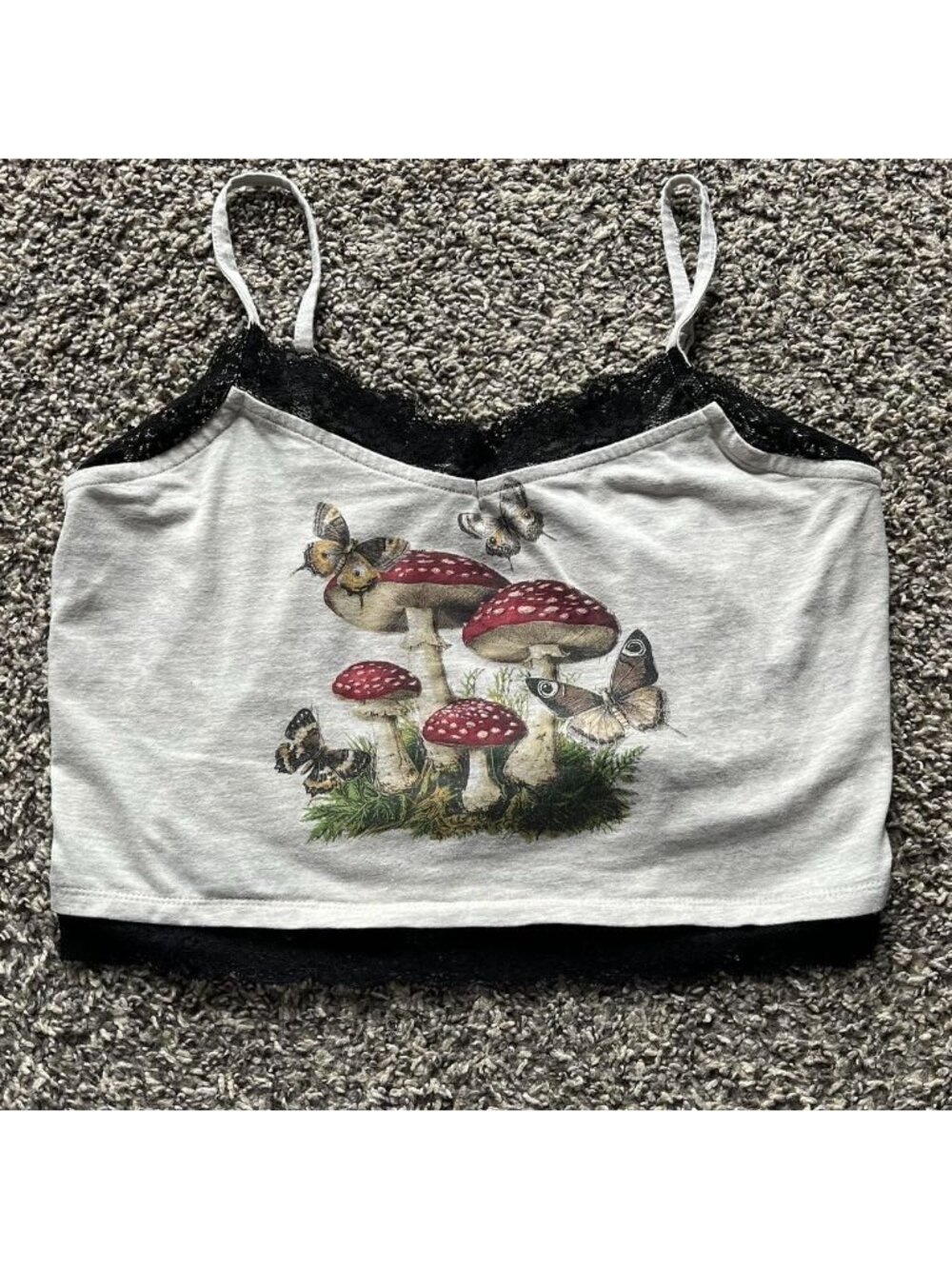 Women's Light Gray Mushroom Small Crop Top Lace Cottagecore Fairy Whimsigoth